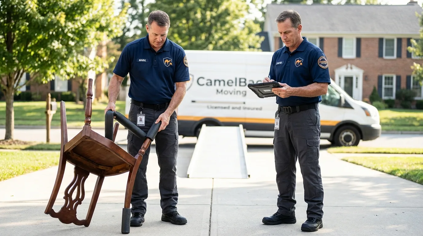 Movers inspecting furniture for damage prevention before loading in Aliquippa, PA