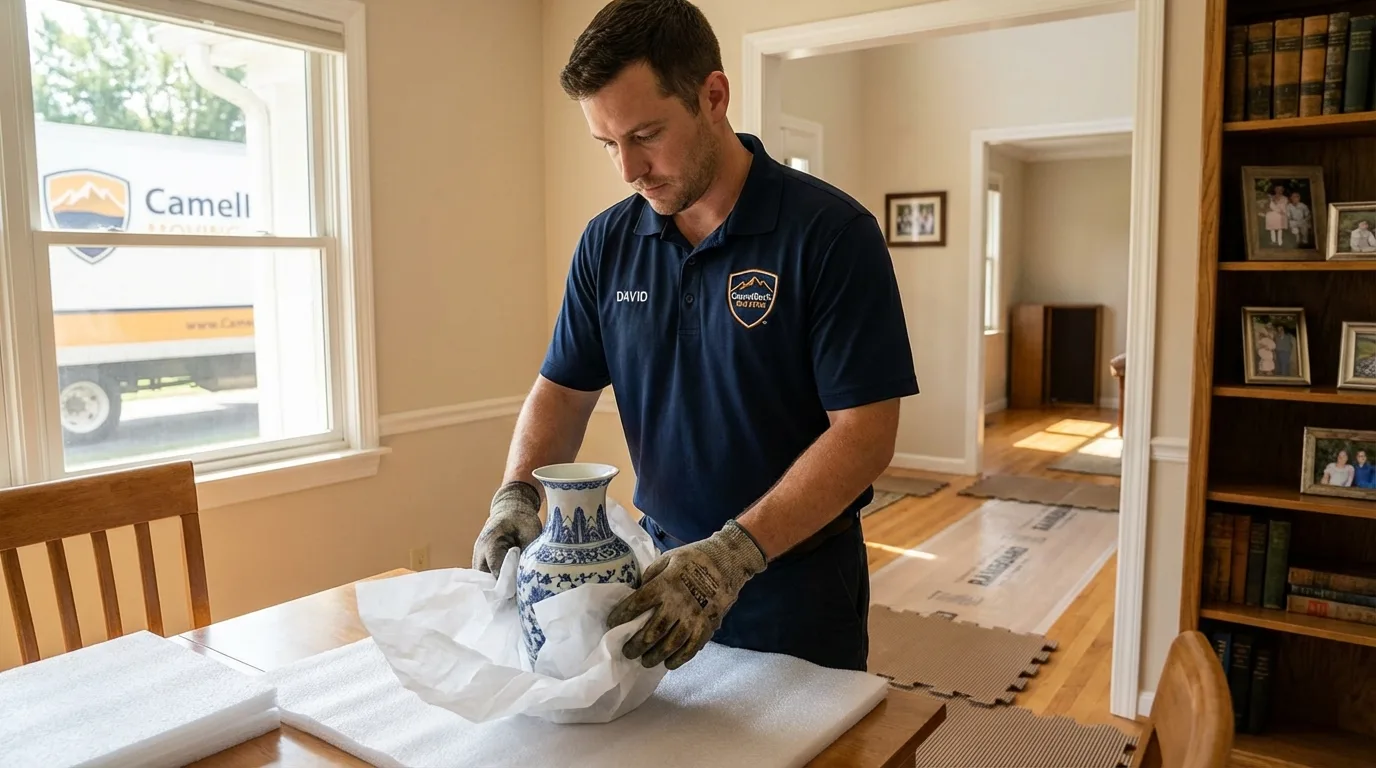 Professional crew carefully wrapping antique vase for senior downsizing move in Aliquippa, PA